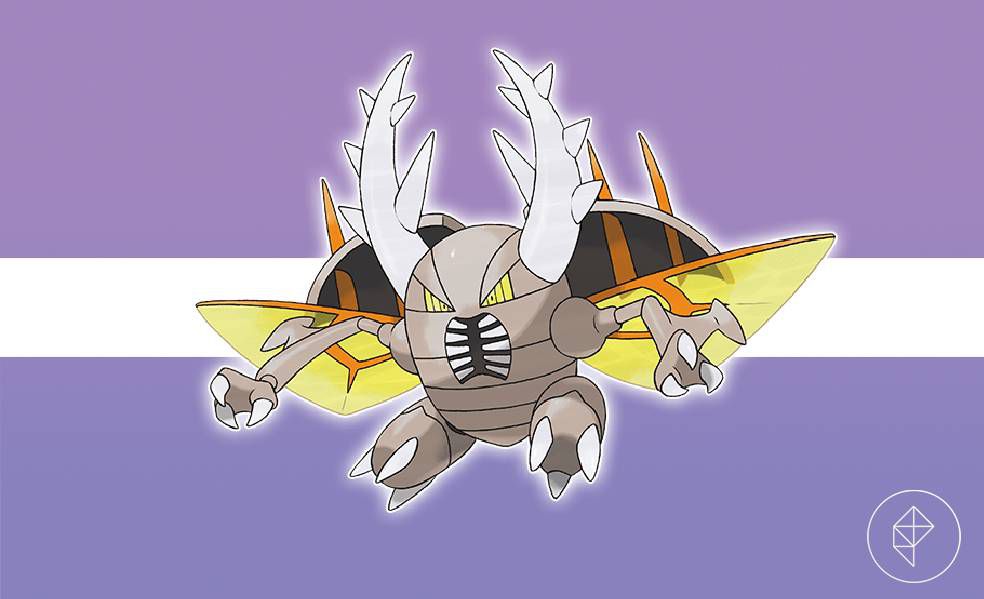 Pokémon Mega Pinsir på lila och vit bakgrund