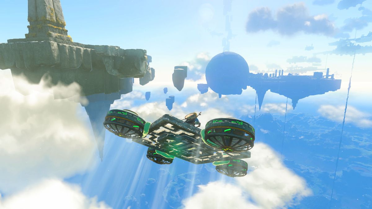 Link flying between sky islands in The Legend of Zelda: Tears of the Kingdom on a hovercraft with four motors