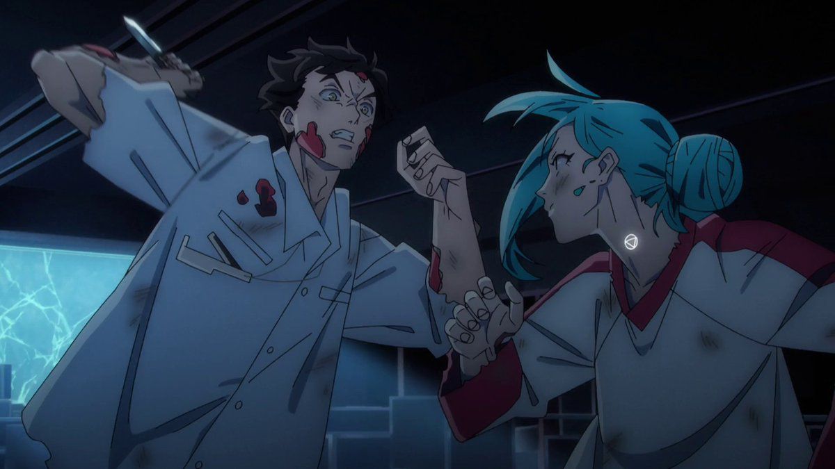A blue-haired android anime girl guards against a damaged android anime man lunging with a knife.