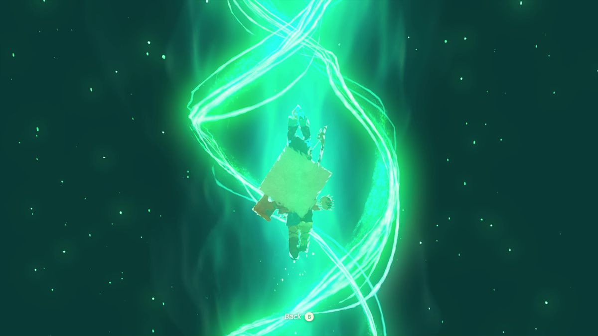 Link using the Ascend ability in The Legend of Zelda: Tears of the Kingdom, flying upward with a glowing green helix swirling around him