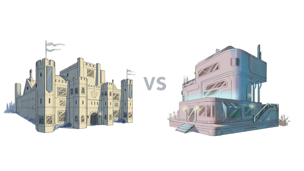 Till vänster är konceptkonst för ett medeltida slott;  till höger är konceptkonst av en högteknologisk rymdliknande bostad.