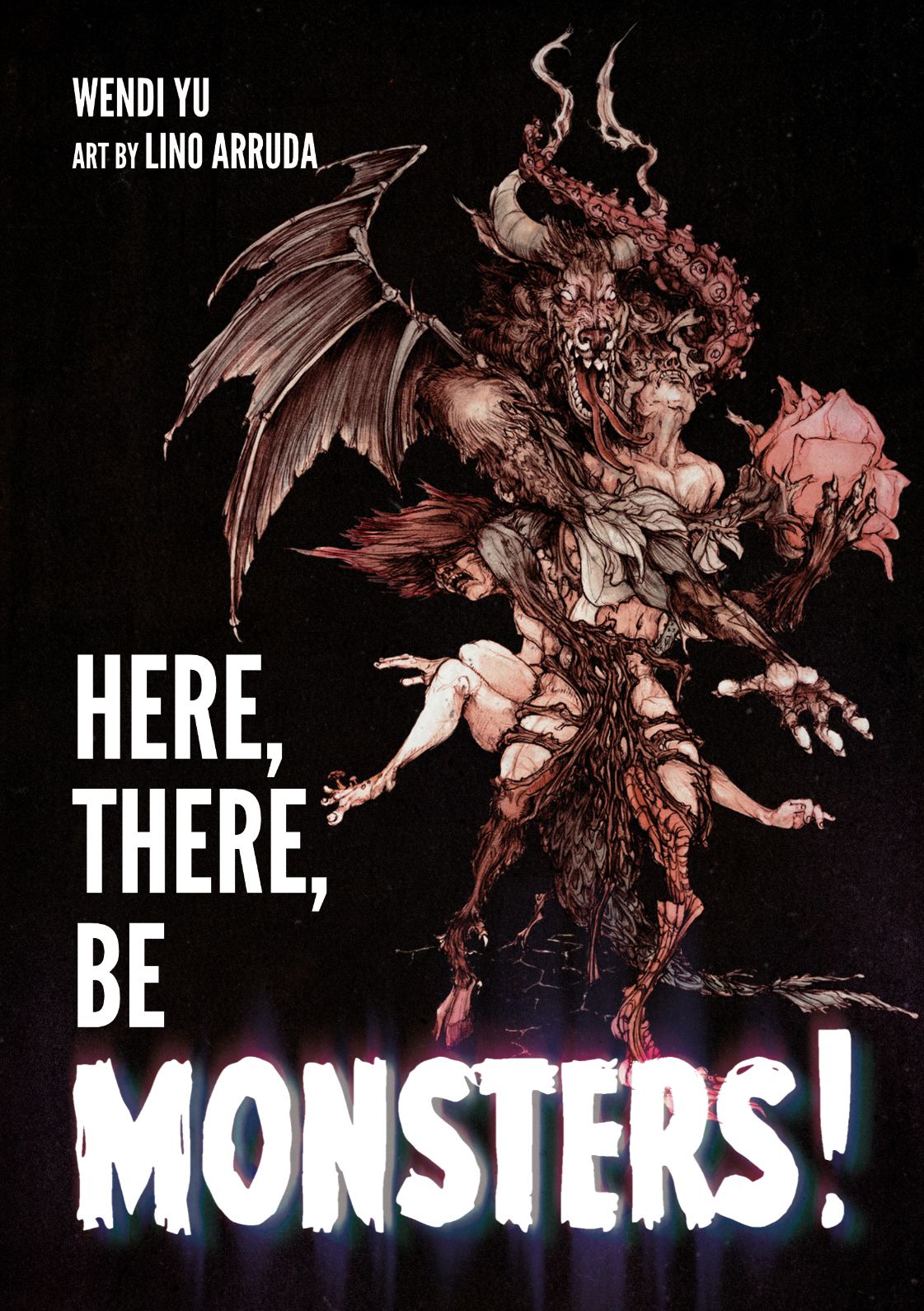 The cover of Here There Be Monsters evokes old-timey, black and white and silent horror films. A winged serpent composed of fleshy human bits stands on a black background. The white text on the page is blown out, as if the projectionist had something a bit off in the screening room.