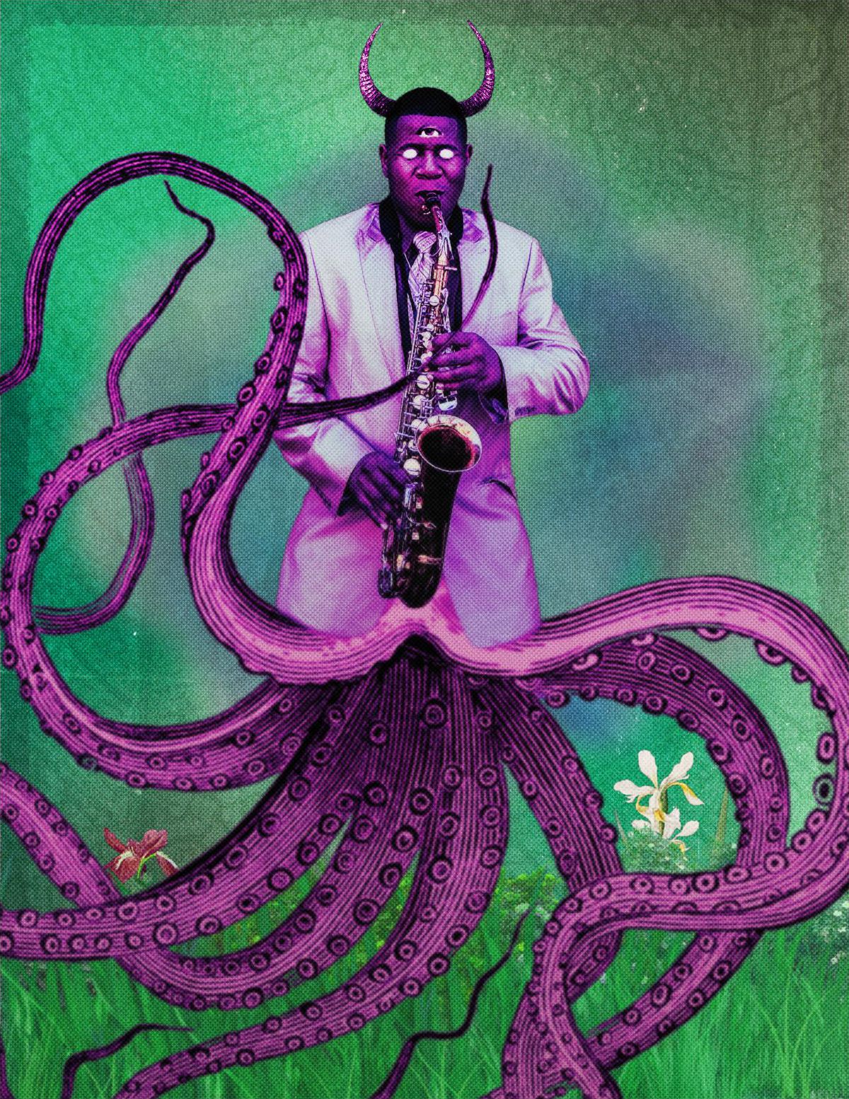 A purple saxaphone player with eight tentacles for legs. They’re floating over a green, flowering field. Key art from Marvelous Mutations & Merry Musicians!