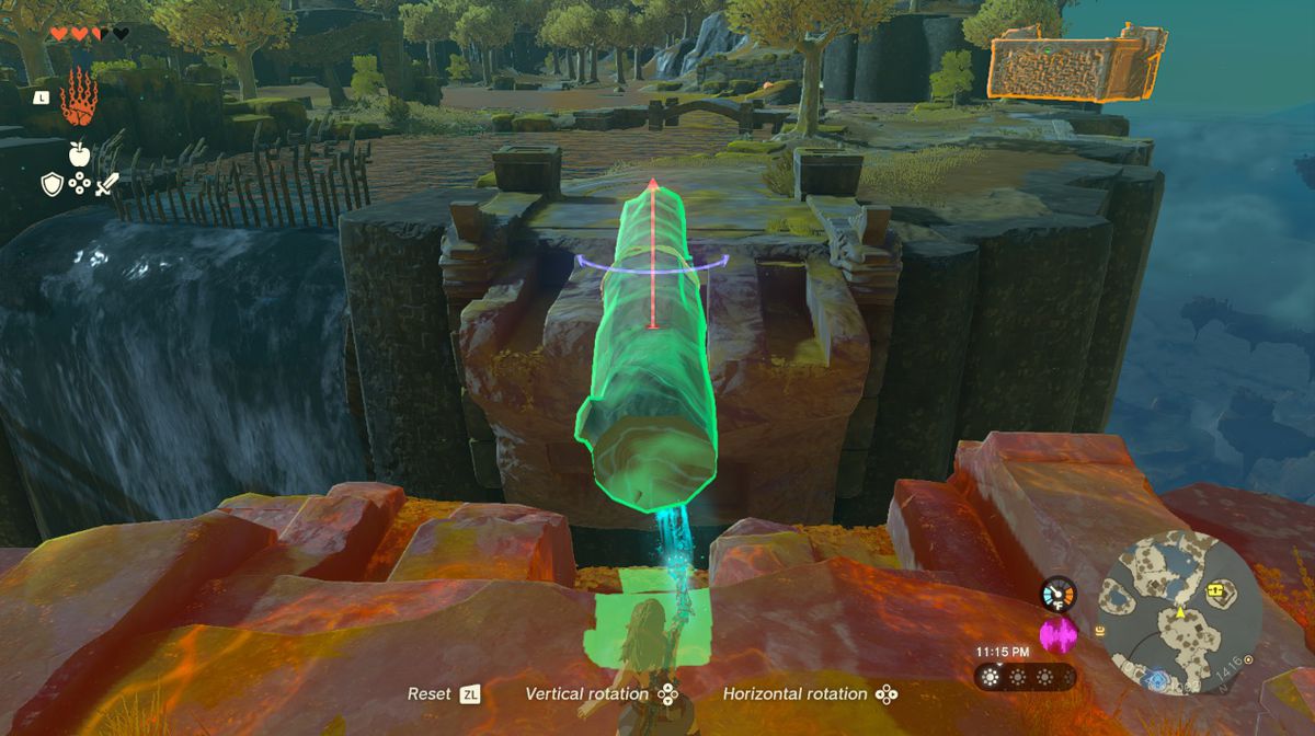 Link placerar en gigantisk stock mellan två avsatser på Great Sky Island i Zelda Tears of the Kingdom.