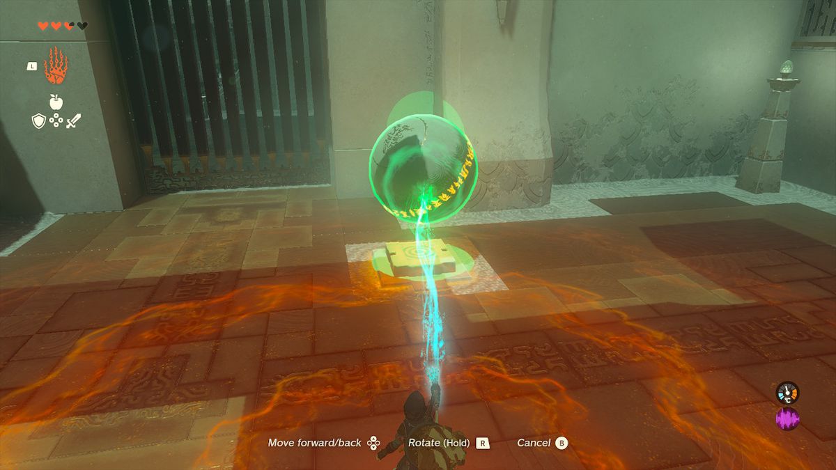 Links placerar en boll på en uppenbar knapp i Tukarok Shrine i Zelda Tears of the Kingdom.