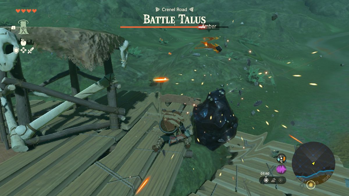 Link använder ett vapen sammansmält med ett gigantiskt stenblock i Zelda Tears of the Kingdom.