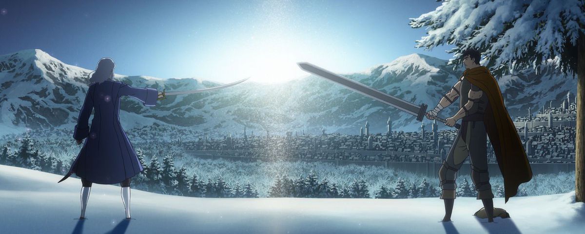 (LR) en vithårig animekaraktär (Griffith) står mittemot en svarthårig animekaraktär (Guts) på en snöig kulle med sitt svärd draget i Berserk: The Golden Age Arc.