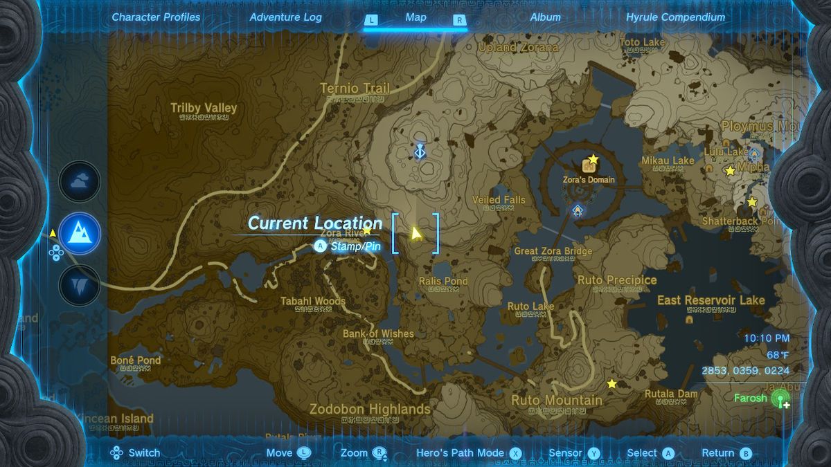 En skärmdump av kartplatsen för Upland Zorana Byroad i Zelda: Tears of the Kingdom