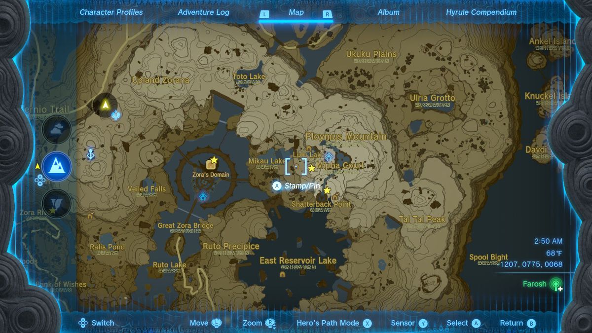 En skärmdump av kartplatsen för Ploymus Mountain Cave i Zelda: Tears of the Kingdom