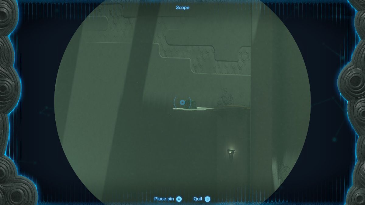 Link använder räckvidden för att stirra på en kista på en avsats i Jirutagumac Shrine i Zelda Tears of the Kingdom.