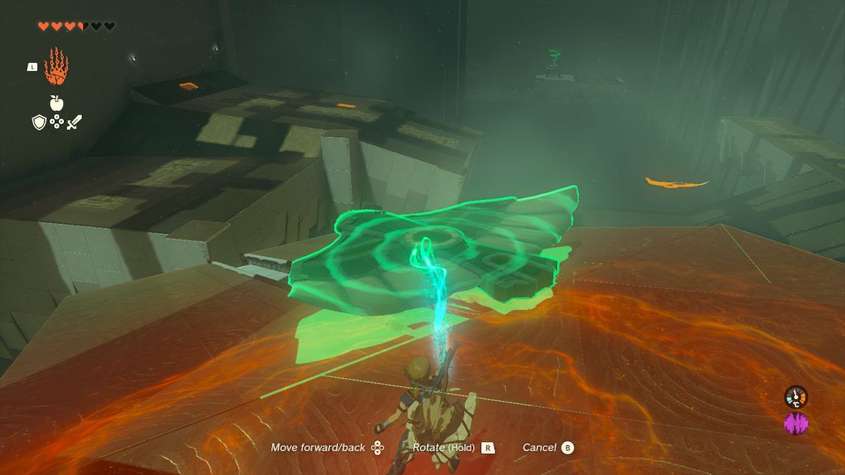Link håller en vinge med ultrahand i Jirutagumac Shrine i Zelda Tears of the Kingdom.