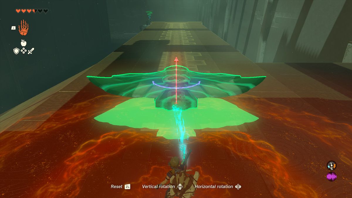 Link använder ultrahand för att rikta in en vinge på en bana i Jirutagumac Shrine i Zelda Tears of the Kingdom.