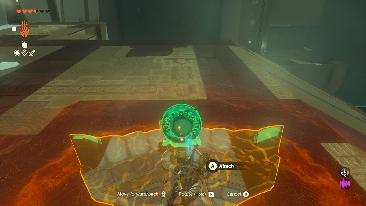 Link använder ultrahand för att placera en fläkt på en vinge i Jirutagumac Shrine i Zelda Tears of the Kingdom.