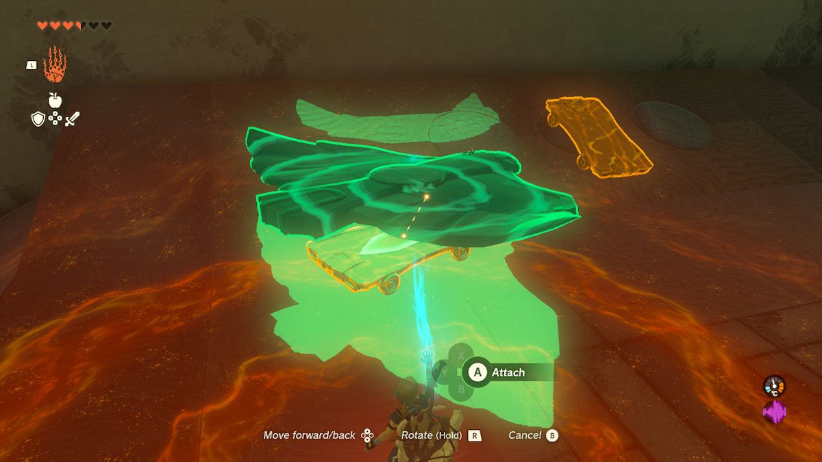 Link använder ultrahand för att sätta en vinge på en vagn i Jirutagumac Shrine i Zelda Tears of the Kingdom.