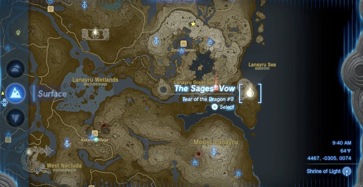 Glyfplatsen och Dragon Tear-platsen för Tear#9: The Sages' Vow i The Legend of Zelda: Tears of the Kingdom