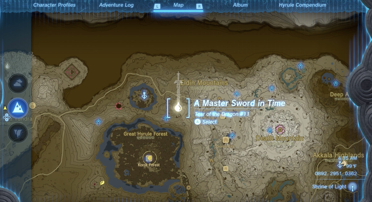 Kartplatsen för glyfen och Dragon Tear #11 i The Legend of Zelda: Tears of the Kingdom