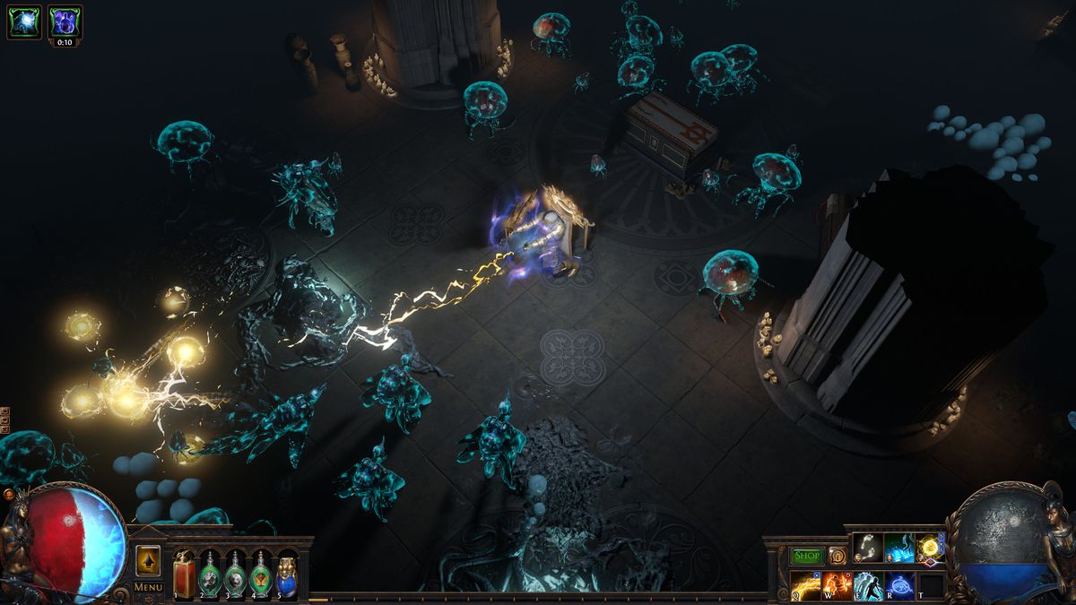 Spelarkaraktären avfyrar blixtar mot en skara fiender i Path of Exile