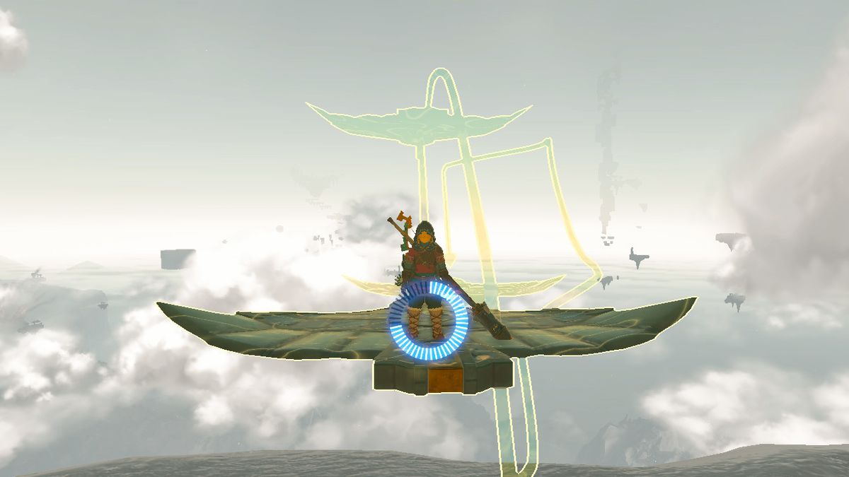 Link rider på en återkallad Zonai-vinge i The Legend of Zelda: Tears of the Kingdom.