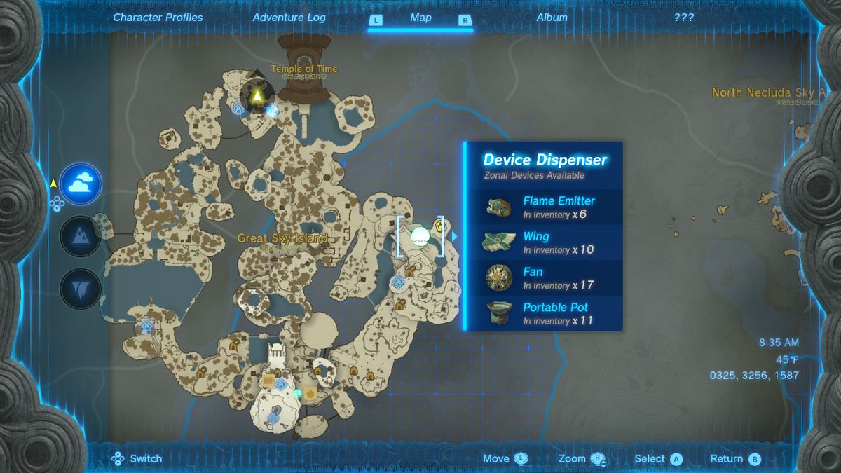 En karta över Great Sky Island i The Legend of Zelda: Tears of the Kingdom