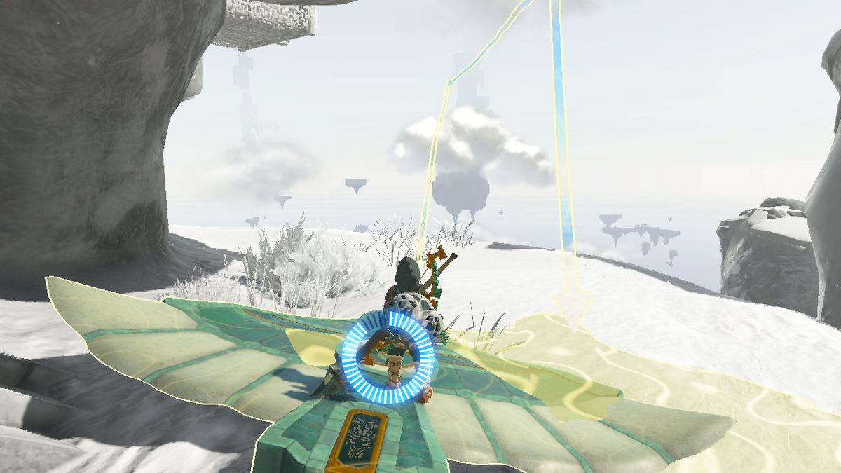 Link använder Recall på en Zonai-vinge i The Legend of Zelda: Tears of the Kingdom.