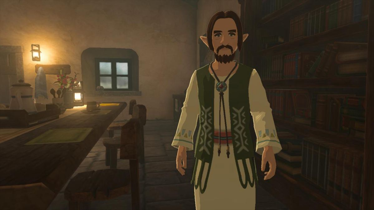 En man med skägg och mustasch står inne i ett hus i The Legend of Zelda: Tears of the Kingdom