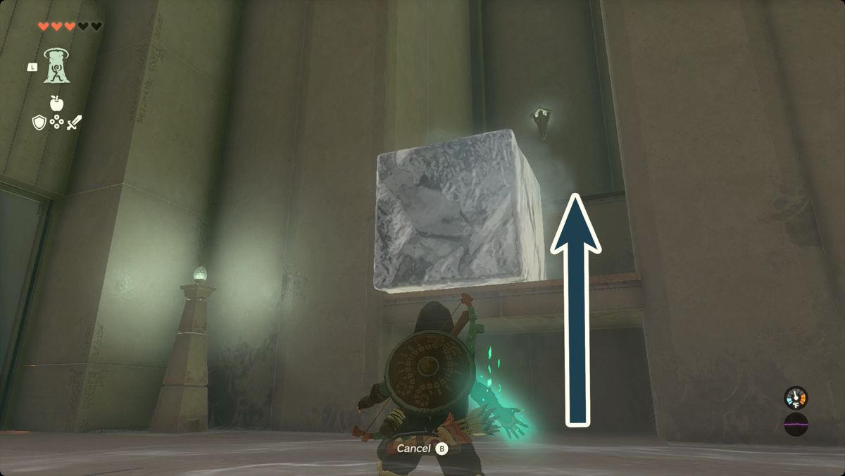 The Legend of Zelda: Tears of the Kingdom Link placerar isblocket i Kiuyoyou Shrine för att nå bröstet