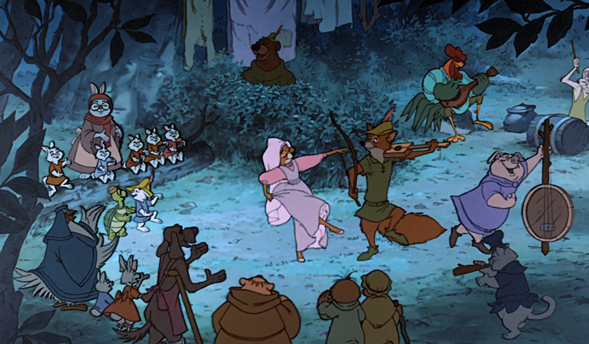 Vid ett firande i Disneys animerade film Robin Hood från 1973 dansar och sjunger antropomorfa kaniner, ugglor, en tupp, en gris, en katt och andra karaktärer tillsammans i skogen