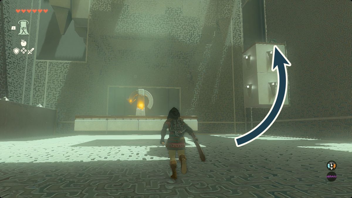 The Legend of Zelda: Tears of the Kingdom Länk inne i buren i Domizuin Shrine med en pil som pekar mot en kista