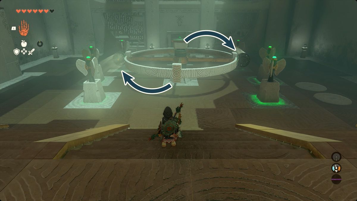 The Legend of Zelda: Tears of the Kingdom Link använder två fläktar för att snurra det stora hjulet i Kisinona Shrine