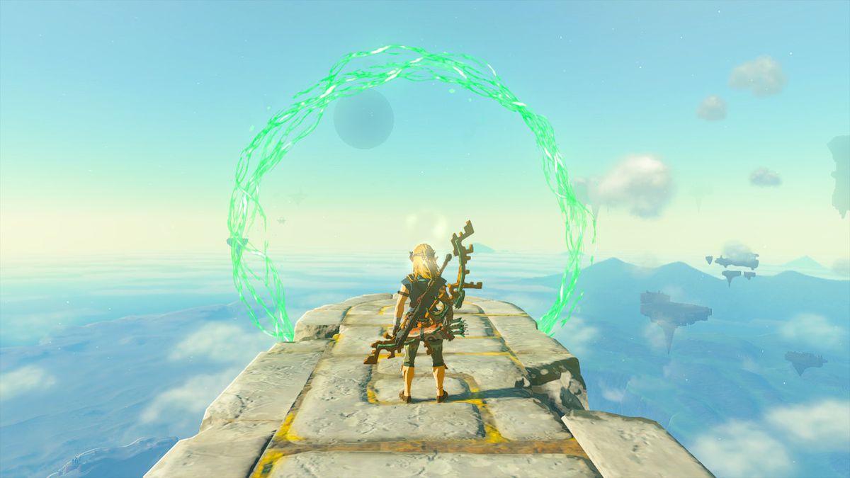Link står framför en av de gröna ringarna i fallskärmshoppningsutmaningen i Zelda: Tears of the Kingdom