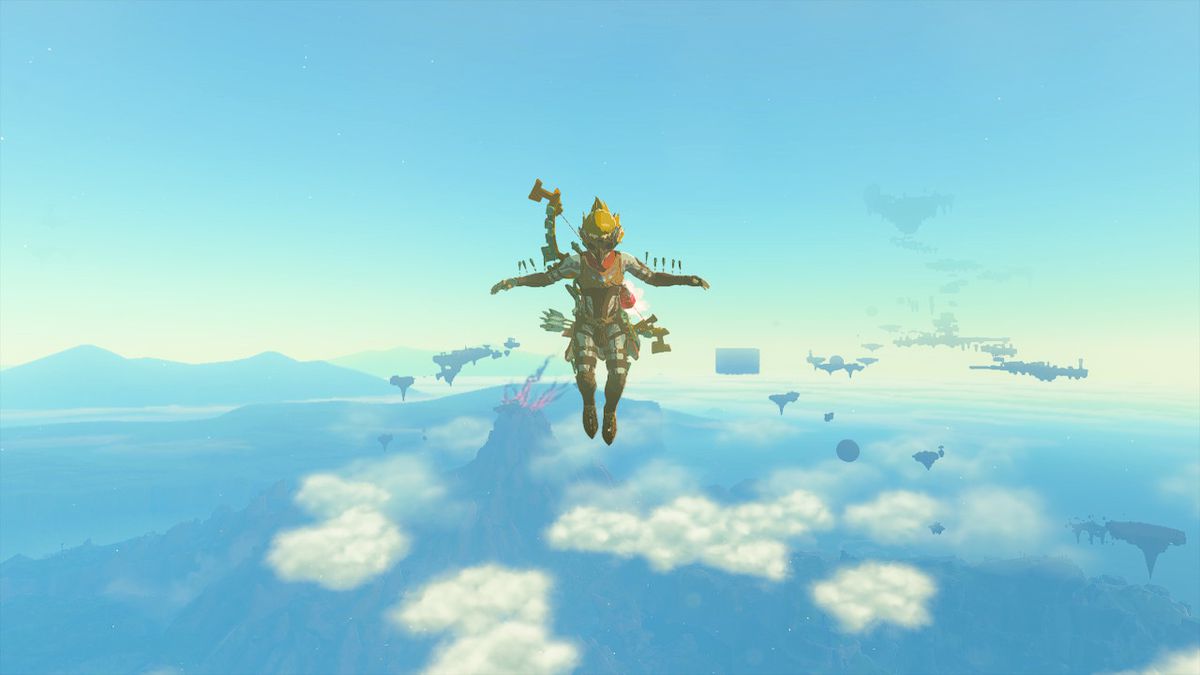 Link är upphängd i luften med armarna utsträckta efter att ha använt ett Skyview Tower i Zelda: Tears of the Kingdom