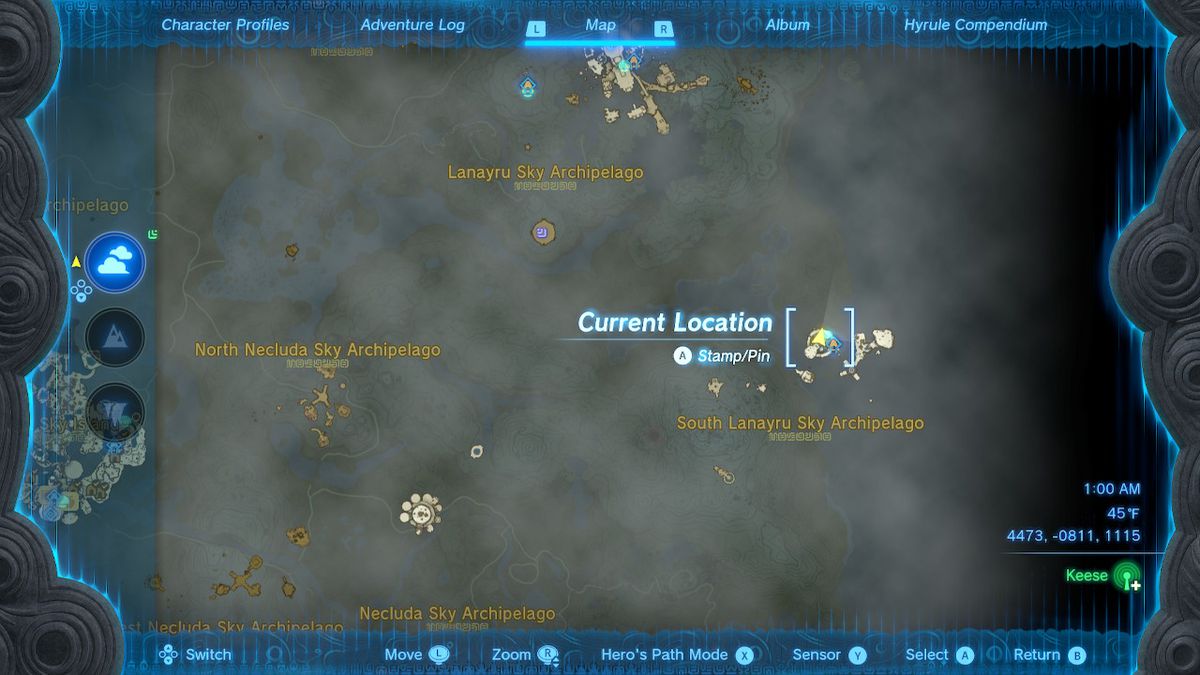 En skärmdump av kartplatsen för Valor Island i Zelda: Tears of the Kingdom