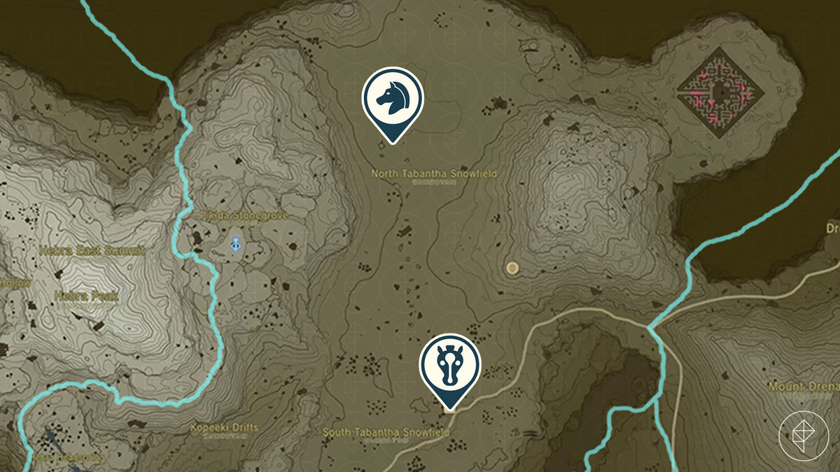 The Legend of Zelda: Tears of the Kingdom-karta som visar platsen för Snowfield Stable och var Zeldas gyllene häst kan hittas.