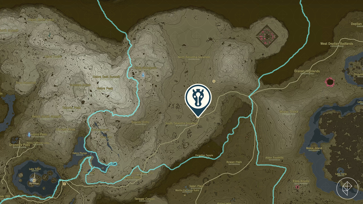 The Legend of Zelda: Tears of the Kingdom-karta som visar platsen för Snowfield Stable