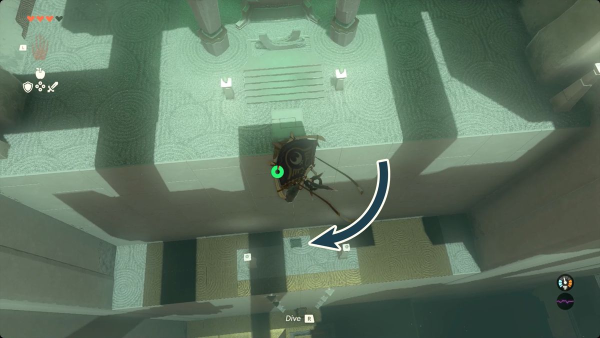 The Legend of Zelda: Tears of the Kingdom - Länk skärmflygning nära utgången från Morok Shrine.  Det finns en kista på en avsats nedanför honom.