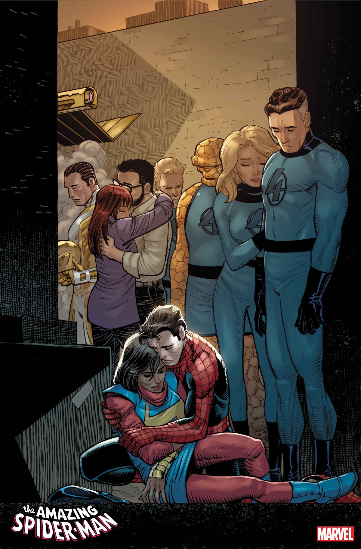 Spider-Man vaggar Ms. Marvels kropp i en gränd när (LtR) Norman Osborn, Mary Jane och de fantastiska fyra ser sorgset på i Amazing Spider-Man #26 (2023). 