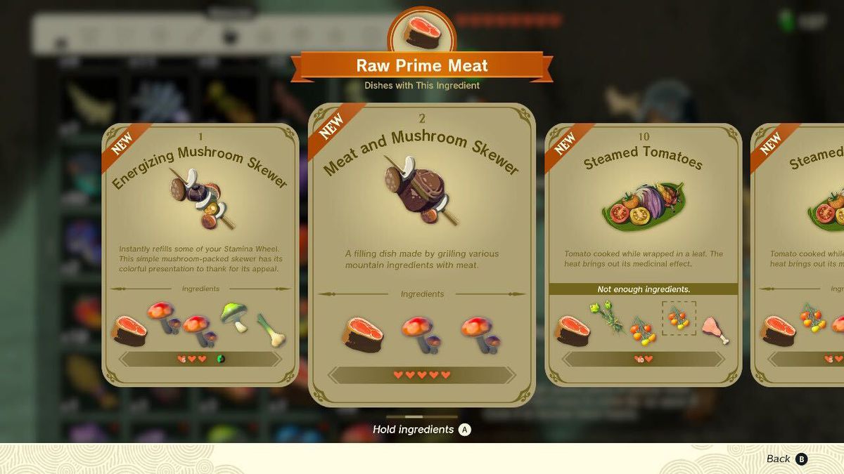 En bild som visar ett urval av recept i Zelda: Tears of the Kingdom.  Ett recept visar ett recept på en kött- och svampspetträtt som kräver kött och två Hylian-svampar.
