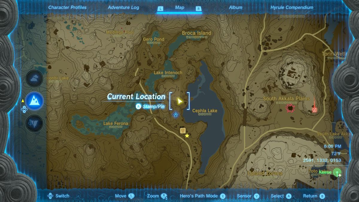 En skärmdump av kartplatsen för Cephla Lake Cave i Zelda: Tears of the Kingdom