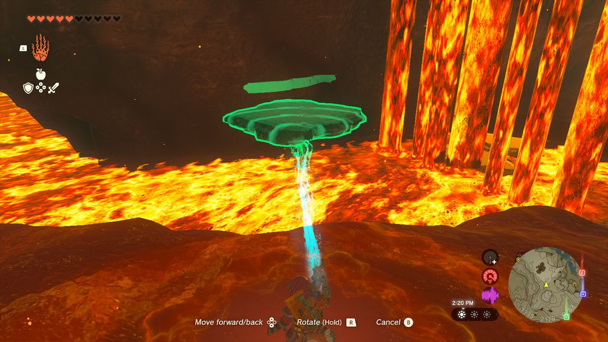 Link använder Ultrahand för att flytta en stenplattform till andra sidan lavafloden i Zelda: Tears of the Kingdom