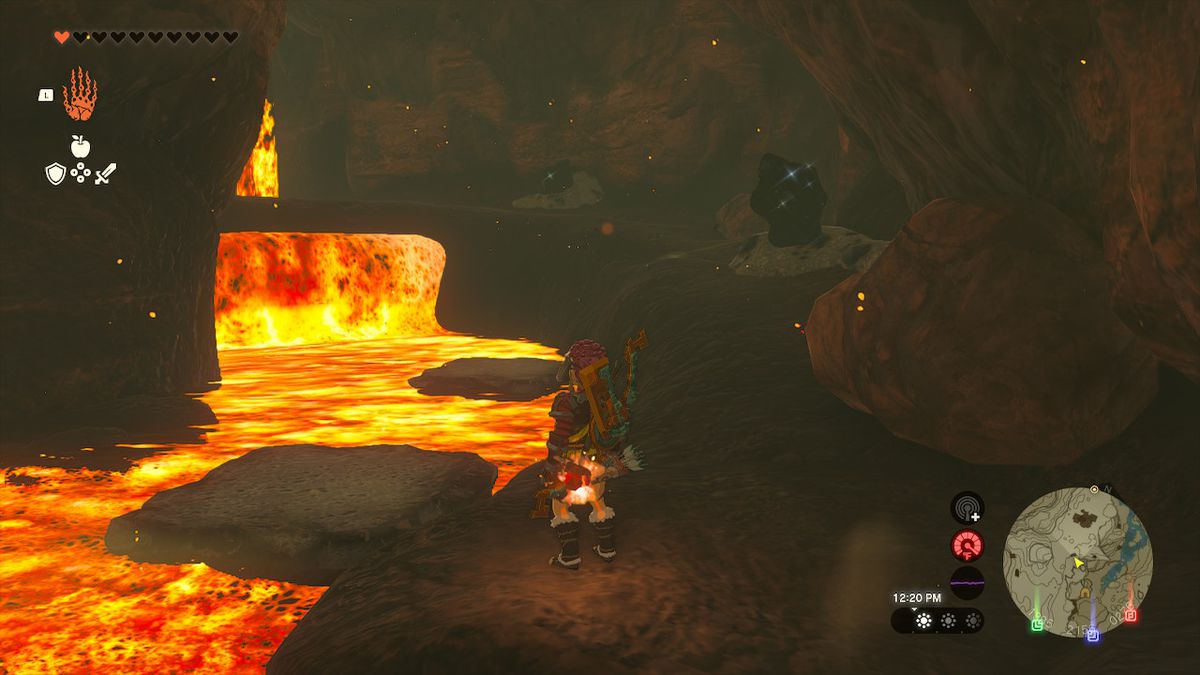 Link tittar på två stenplattformar som simmar fram över lavan i Zelda: Tears of the Kingdom