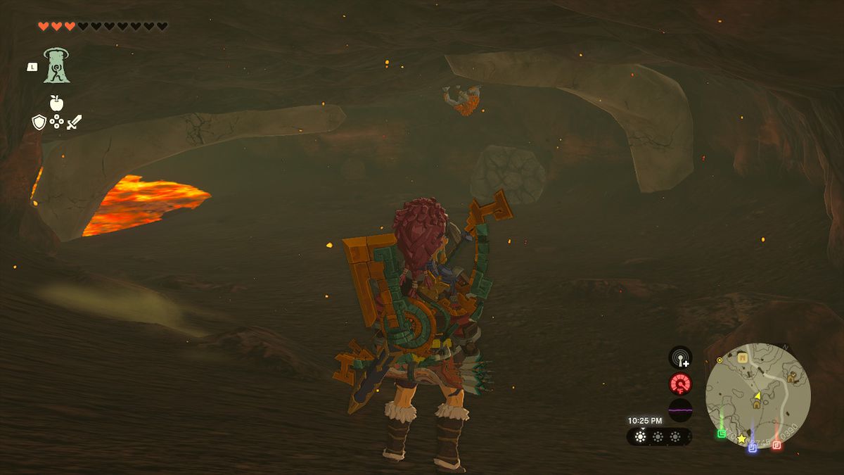 Link förbereder sig för att slåss mot en Horriblin inne i YunoboCo HQ South Cave i Zelda: Tears of the Kingdom