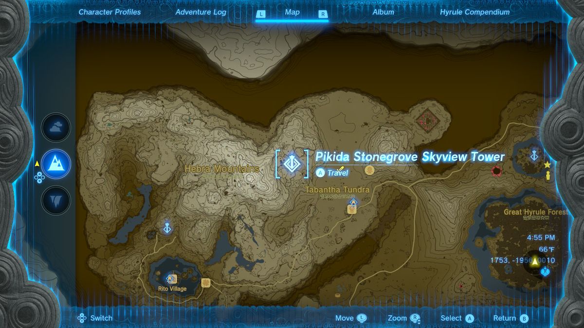A location screen of the Pikida Stonegrove Skyview Tower in Zelda: Tears of the Kingdom