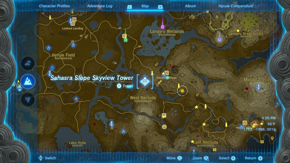 A location screen of the Sahasra Slope Skyview Tower in Zelda: Tears of the Kingdom