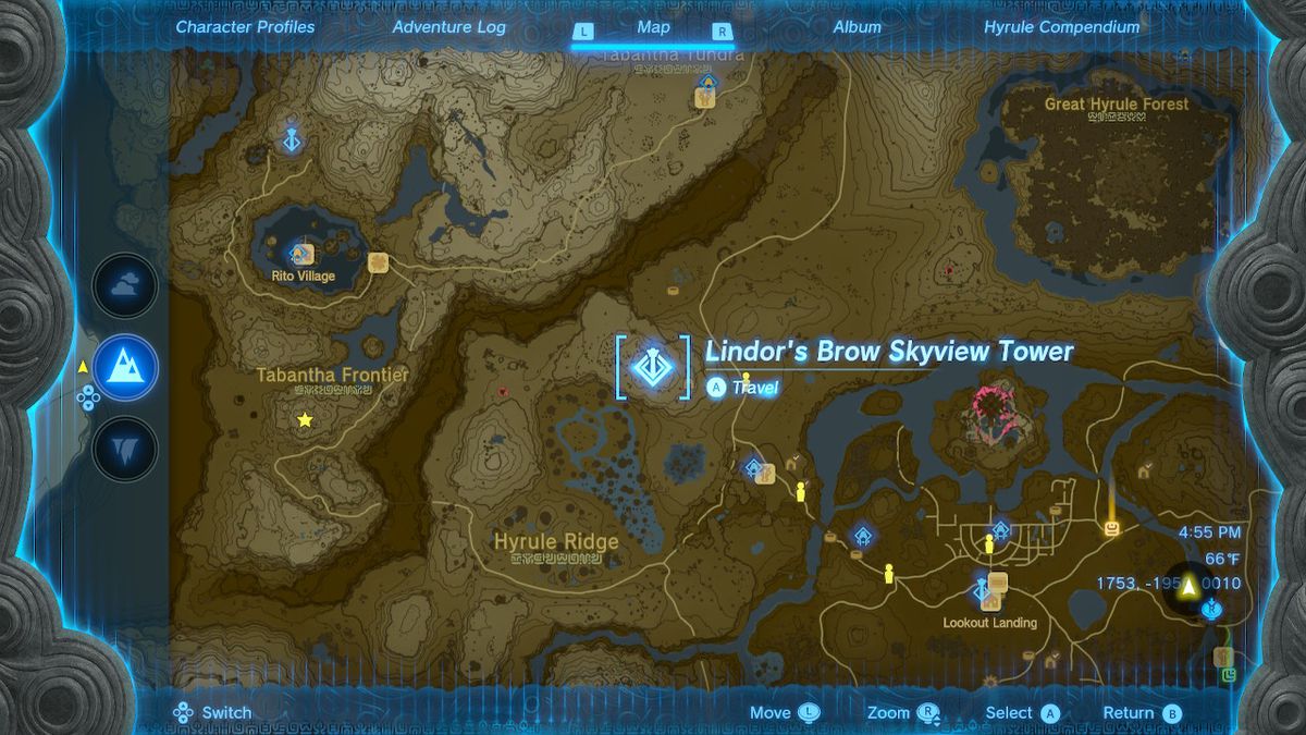 A location screen of Lindor’s Brow Skyview Tower in Zelda: Tears of the Kingdom
