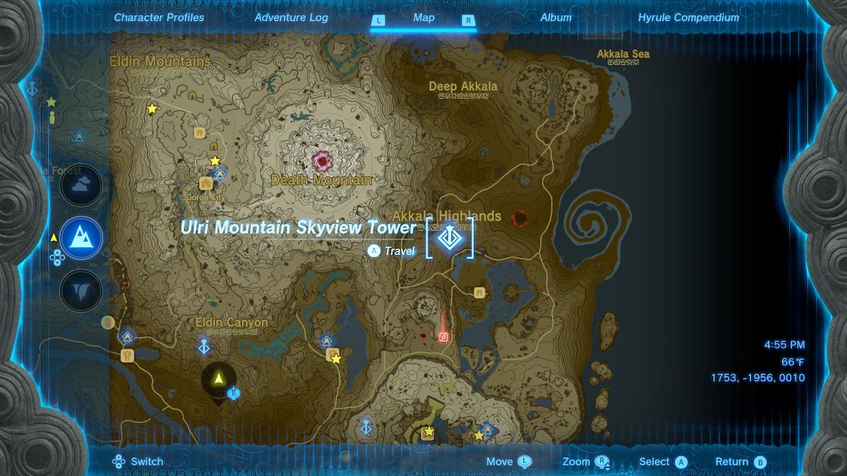 A location screen of the Ulri Mountain Skyview Tower in Zelda: Tears of the Kingdom