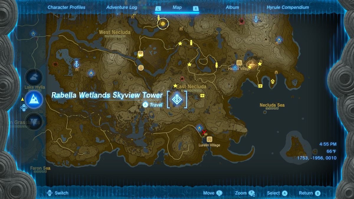 A location screen of the Rabella Wetlands Skyview Tower in Zelda: Tears of the Kingdom
