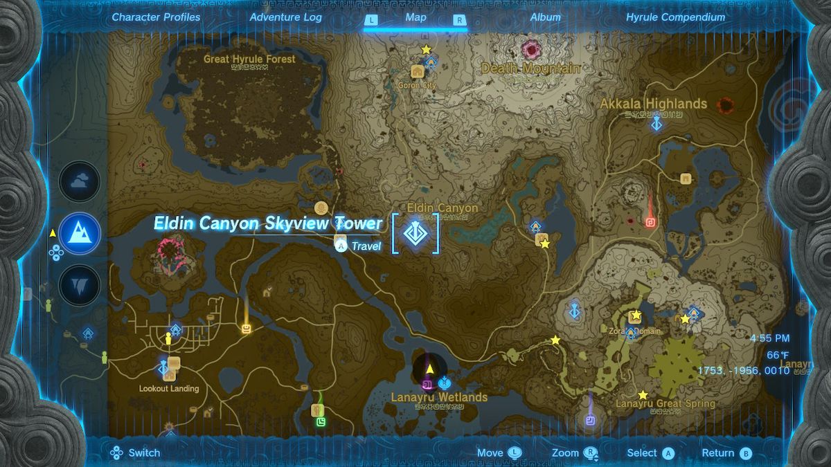 A location screen of the Eldin Canyon Skyview Tower in Zelda: Tears of the Kingdom