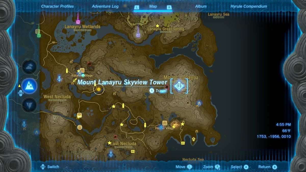 A location screen of the Mount Lanaryu Skyview Tower in Zelda: Tears of the Kingdom