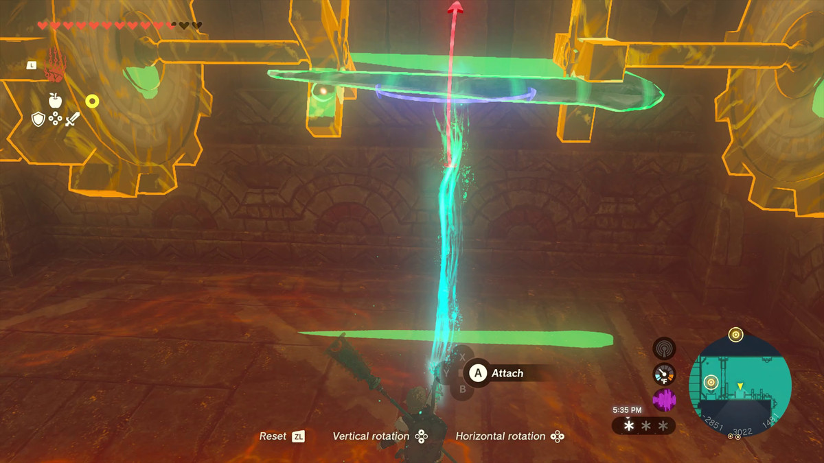 Link använder sin Ultrahand-förmåga för att koppla ihop två gyllene växlar i taket med en 6 fot lång istapel, vilket hindrar växlarna från att rotera.