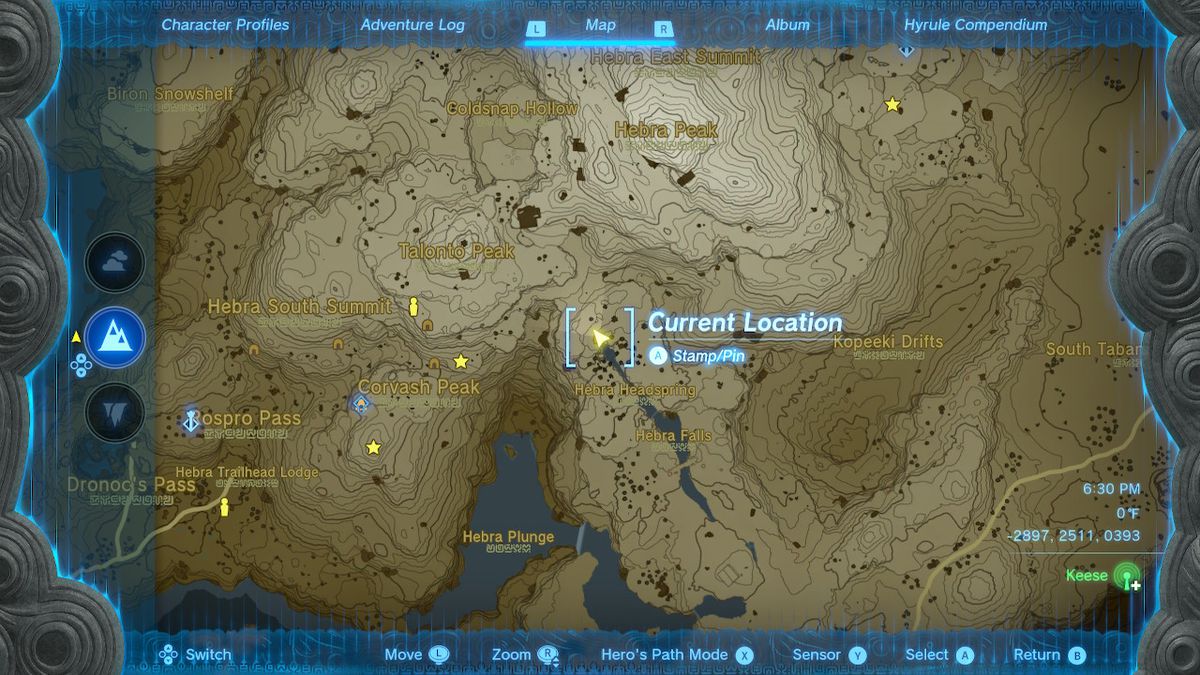 En skärmdump av kartplatsen Hebra Headspring Cave i Zelda: Tears of the Kingdom